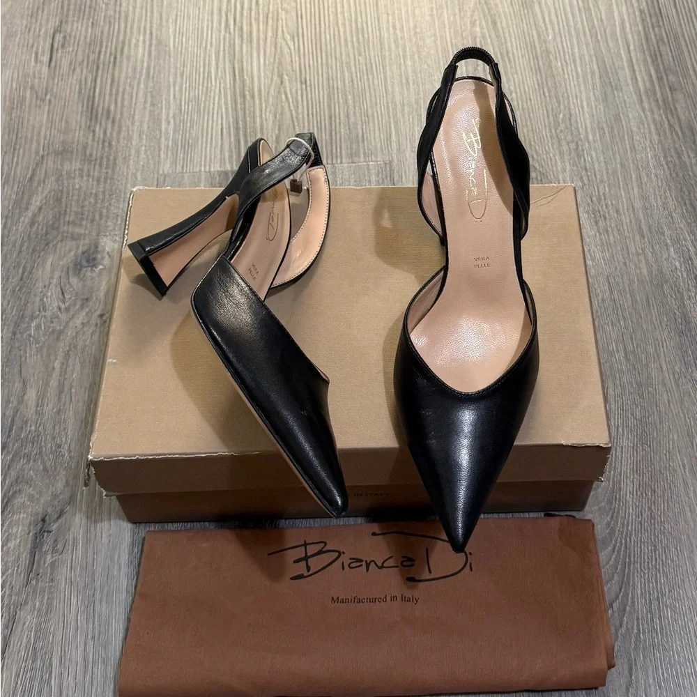 Black Leather Bianca Di Slingback High Heel Pumps Size 39 MADE IN ITALY BNIB - Picture 2 of 7